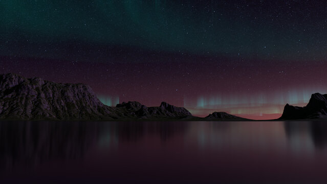 Rocky Landscape with Aurora Lights. Green Sky Banner with copy-space.