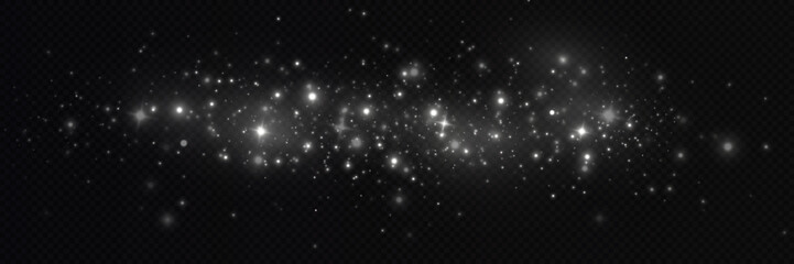 Particles of white magic dust. Shining light particles.Christmas glitter particles. Light effect on a transparent background