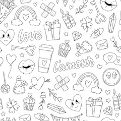 Valentine's day seamless pattern with monochrome doodles on white background for wrapping papers, scrapbooking, textile prints, stationary, wallpaper, etc. EPS 10