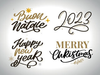 Merry Christmas set 2023 Happy New Year, typography lettering badge emblems quotes set collection. Vector logo design for postcard, invitation, greeting card, poster, gift.