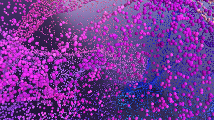 3d render of abstract art 3d background with surreal motion moving festive wavy party balls sphere particles liquid substance in blue purple yellow gradient color
