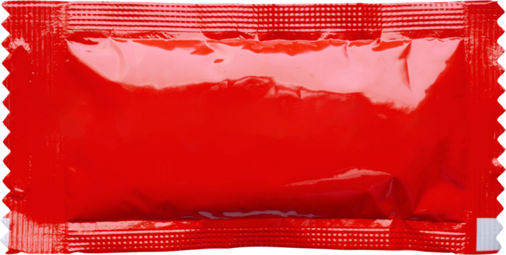 Blank red foil tomato ketchup sauce sachet package isolated on white background