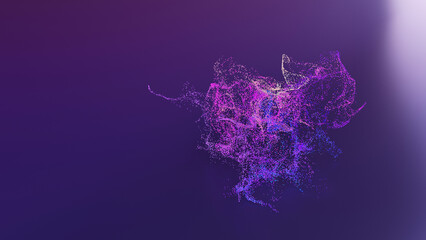 3d render of abstract art 3d background with surreal motion moving festive wavy party balls sphere particles liquid substance in blue purple yellow gradient color