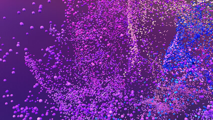 3d render of abstract art 3d background with surreal motion moving festive wavy party balls sphere particles liquid substance in blue purple yellow gradient color