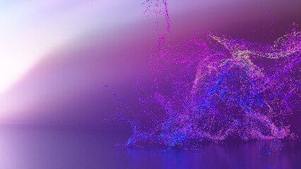 3d render of abstract art 3d background with surreal motion moving festive wavy party balls sphere particles liquid substance in blue purple yellow gradient color