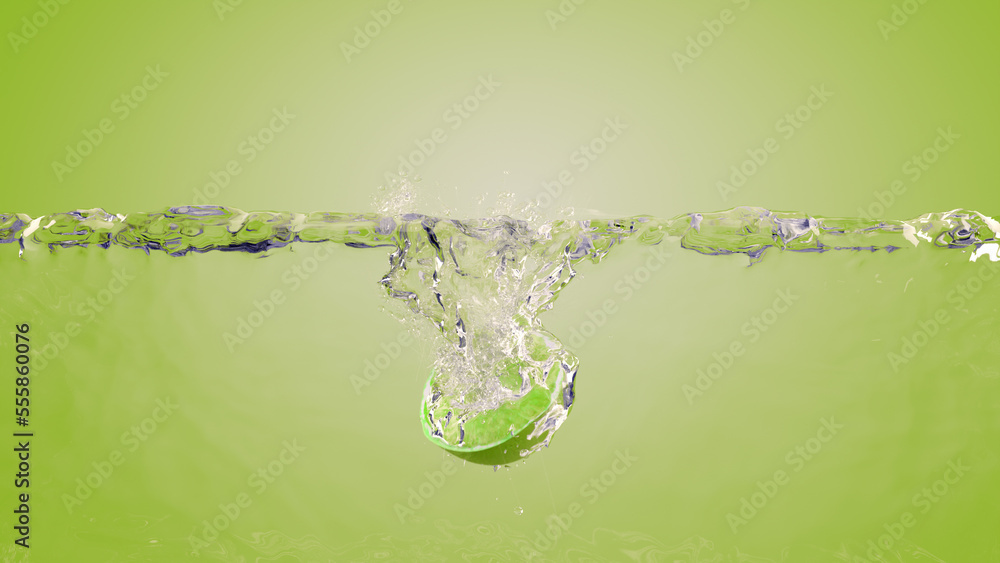 Poster lemon slide drop to pure water.water splash with lemon on green background with 3d rendering.