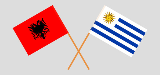 Crossed flags of Albania and Uruguay. Official colors. Correct proportion