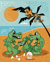 Crocodiles on vacation on the beach. Vector illustration.