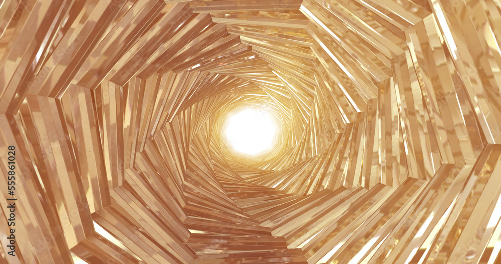 Poster a rotating golden metal tunnel with walls of ribs and lines in the form of an octagon with reflectio