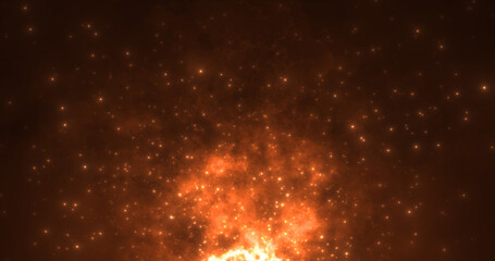 Abstract orange fiery flame bonfire of particles and sparks glowing beautiful magical on a dark background. Abstract background