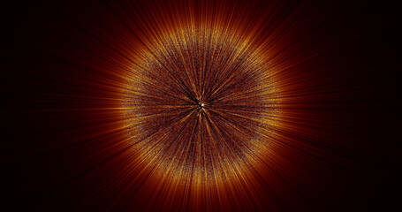 Fototapeta premium Abstract unusual beautiful bright glowing explosion of a star of a ball of a sphere of small particles with rays in space background