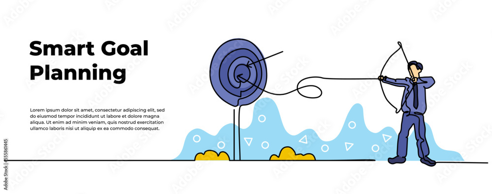 Poster vector illustration of self development. businessman shooting arrows on target. modern flat in conti
