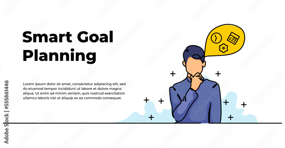 Poster vector illustration of self development. thinking man planning his work. modern flat in continuous l