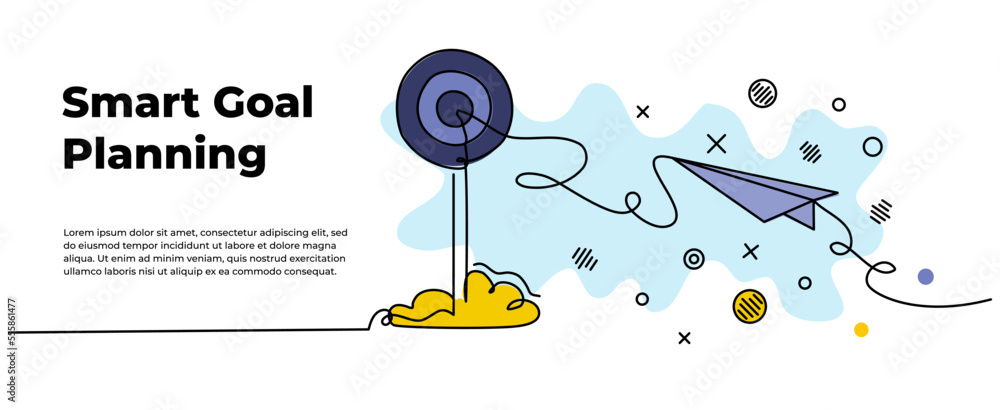 Poster vector illustration of self development. paper airplane flying towards target circle. modern flat in