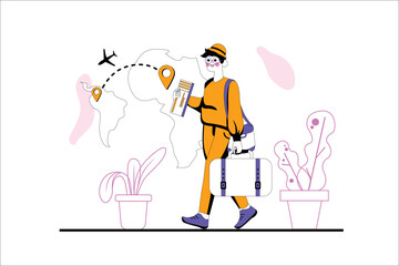 Buying flight ticket purple concept with people scene in the flat cartoon design. Man buy a fly ticket for travelling. Vector illustration.