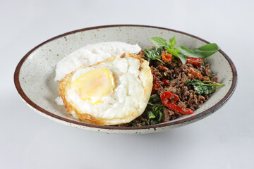 Pad Kra Pao is a Thai holy basil stir fry with ground beef. 