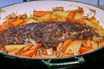 Meatloaf potatoe carrot and onions in pan