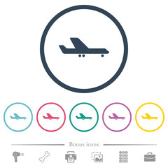 Airplane side view flat color icons in round outlines