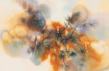 Pine tree branches in canle light watercolor background - 555863472