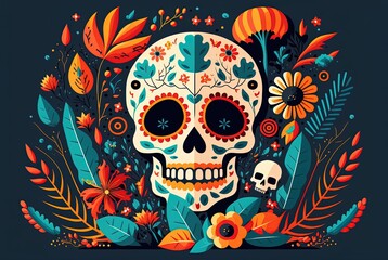 illustration of skull mask with flower decoration, Day of the Dead	
