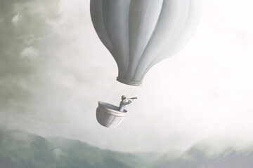 Illustration of surreal dream on business man flying on a big air balloon, abstract concept