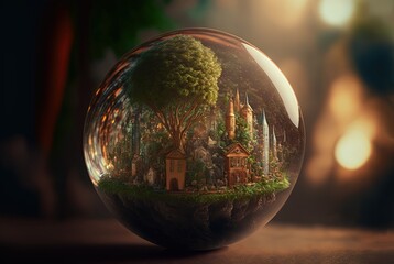 illustration of crystal ball with little village inside , idea for environmental theme
