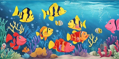 Naklejka na ściany i meble Schöne gelbe und rote Fische Unterwasser - Generative AI