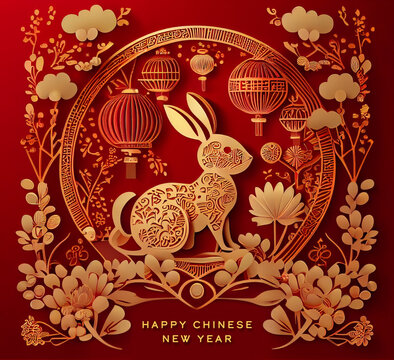 Happy chinese new year 2023 year of the rabbit zodiac sign with flower,lantern,asian elements gold paper cut style on color Background. (Translation : Happy new year). Ai-generated. generative ai.