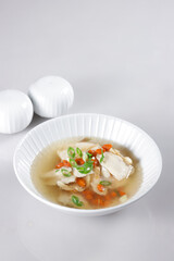 Sup Ikan Goji Berry is Fish Soup with Goji Berry served in a bowl.