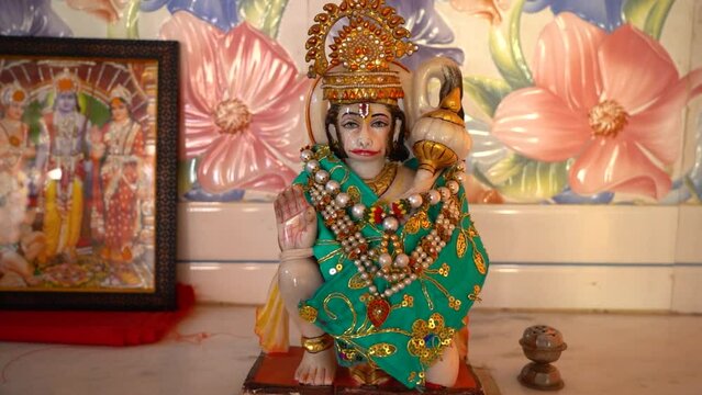 Hanuman ji in Temple, Hindu God Lord Hanuman Murti Statue in inside Indian temple Close up