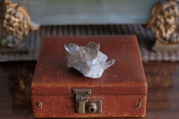 Quartz crystal. Rock crystal druse. Crystal smoky quartz (rauchtopaz)