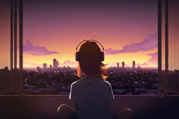 Naklejka premium Girl with headphones watching beautiful sunset. Anime style wallpaper. Cozy home concept. AI