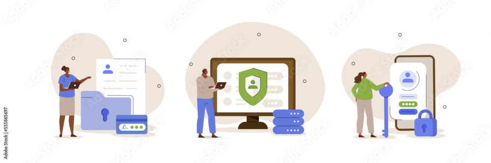 Poster cybersecurity set. characters using cyber security services to protect private personal data, credit
