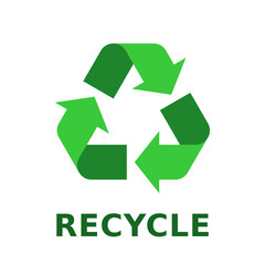 Obraz premium Green recycle sign, symbol or icon. Text recycle. Triangular recycling logo. Triangle recyclable arrows loop. Sustainable resources concept. Recycling materials. Vector illustration, flat, clip art. 