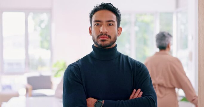 Face, leadership and business man with arms crossed ready for goals, tasks or targets. Ceo, boss and proud, confident and assertive male entrepreneur with vision, mission or success mindset in office