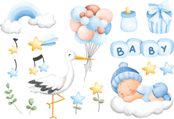 Fototapeta na wymiar Stork and Baby Boy Clipart. Watercolor illustration. Great for card and greetings.