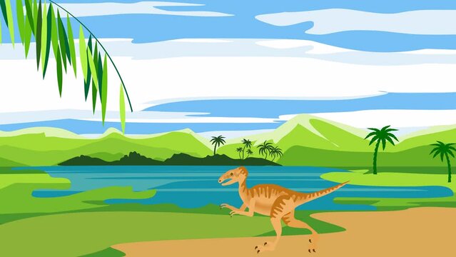 Dinosaurs walking in prehistoric landscape, cartoon 2d animation