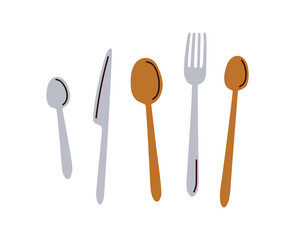 Kitchen cutlery set. Table knife, tablespoon, teaspoon, metal spoon and steel fork. Flatware top view. Dining, eating tools collection. Flat vector illustrations isolated on white background