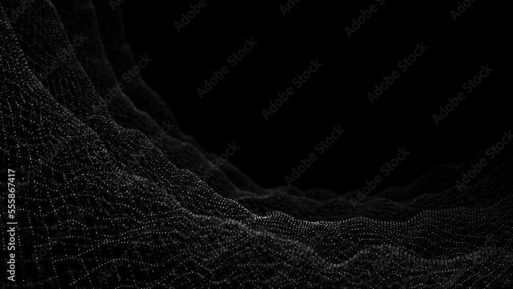 Poster Wave of digital particles on a black background. Abstract interlacing lines and points. Digital connection of elements. Simulation of the movement of small particles. 3D rendering.