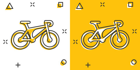 Bicycle icon in comic style. Bike exercise cartoon vector illustration on white isolated background. Fitness exercise splash effect sign business concept.