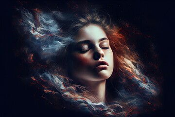 Fototapeta premium Creative illustration in dark tones. Symbol of mind, inspiration, imagination and dreaming. Generative art