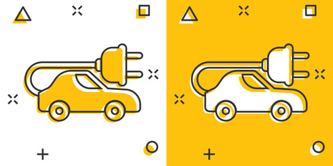 Electric car icon in comic style. Electro auto cartoon vector illustration on white isolated background. Ecology transport splash effect business concept.