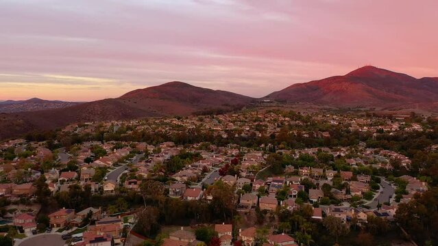 Birdseye drone view of many homes in Eastlake Chula Vista, Southern California.