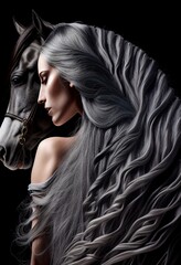 Creative photorealistic illustration of beautiful woman and horse. Generative art