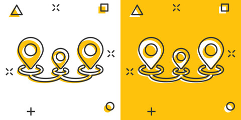 Map pin icon in comic style. GPS navigation cartoon vector illustration on white isolated background. Locate position splash effect business concept. © Lysenko.A