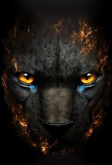 Stunning black panther portrait surround by flame and smoke on dark background. Generative art