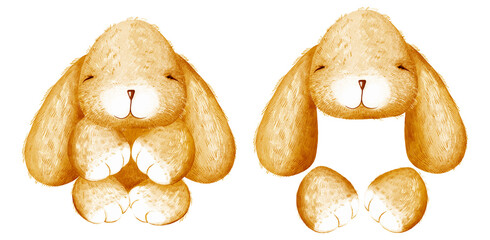 4 isolated images. Cute plush fluffy baby bunny rabbit in full growth of caramel color, head and paws separately. Cartoon child character. Digital illustration in the watercolor style. Greeting card.