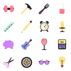 Set of icons of every-day objects: simple abstract 3D items like a clock, guitar, fork, dumbbell, glasses, scissor and wheel, transparent background