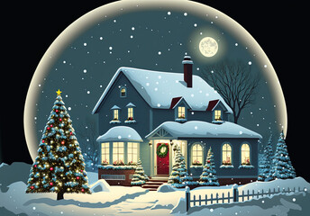 Naklejka premium A Christmas scene with a house, Christmas tree and a snowy winter background under night sky. A Happy New Year and Christmas Background. A generative AI Illustration.