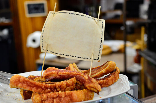 Plate of Torreznos with blank copy space, typical food from Soria, Spain, 